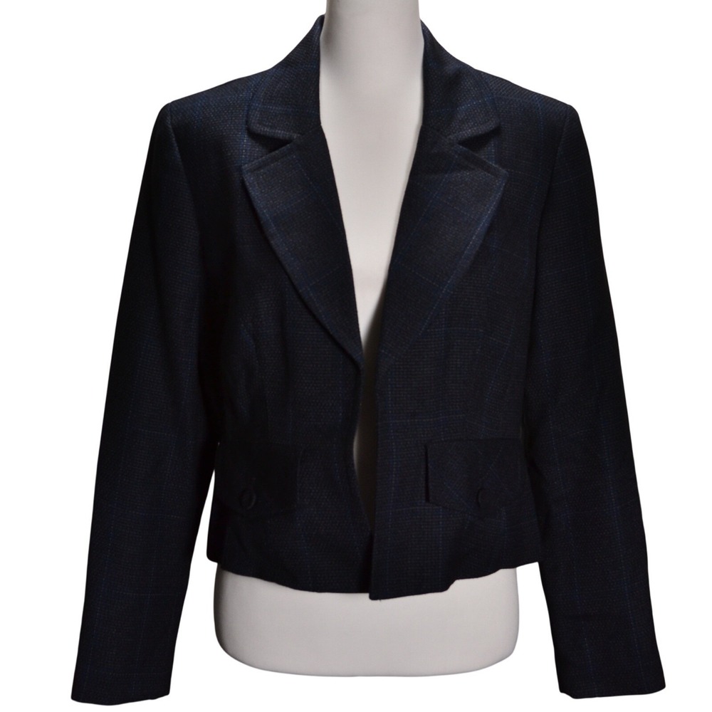 Signature Larry Levine Blazer Womens 12P Navy Blue Plaid Cropped Office Open